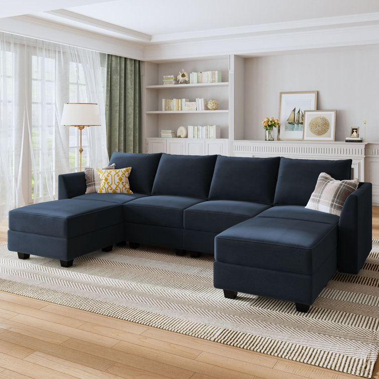 Honbay Modular Sectional Sofa Convertible U Shaped Couch with Reversible Chaise Velvet Modular Sofa Sectional Couch with Storage Ottoman Dark Blue